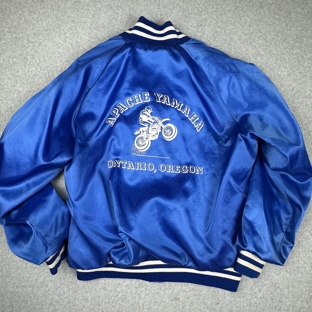 Vintage Apache Yamaha Ontario Oregon Satin Bomber‎ Jacket Blue Mens Large USA